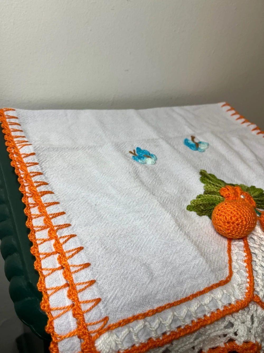 Handcrafted Linen Cotton Embroidered 3D Amigurumi Orange Fruit Kitchen Tea Towel